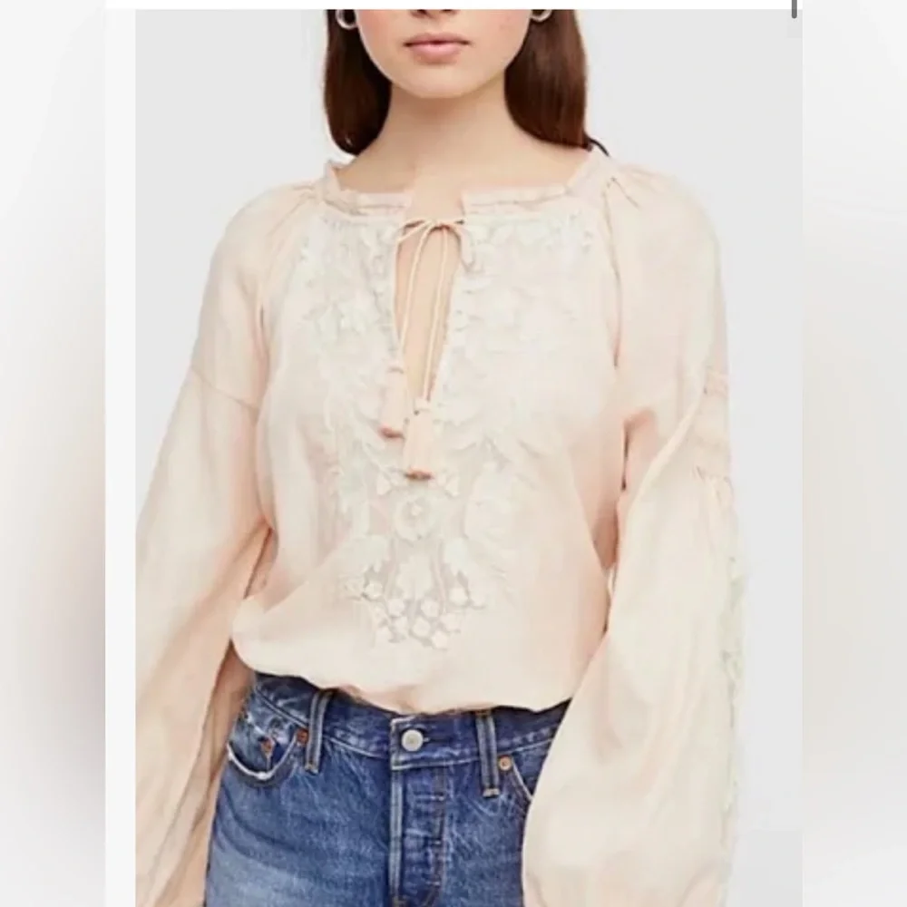 FREE PEOPLE Shimla Embroidered Semi-sheer Blouse Peach Boho Loose 100% Cotton